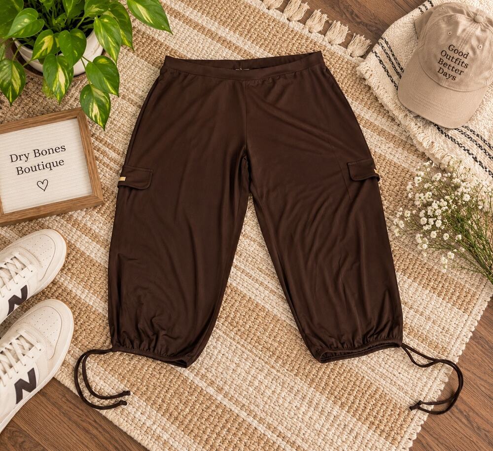 Susan Lawrence Women’s XL Brown Cargo Capri Pants Stretch Tie Hem Y2K